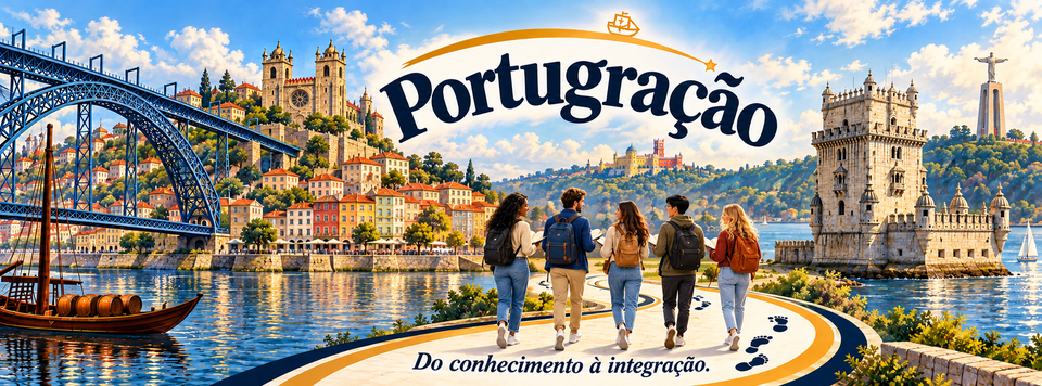 Portugração: people walking towards Portuguese landmarks, with Porto and Lisbon by the water
